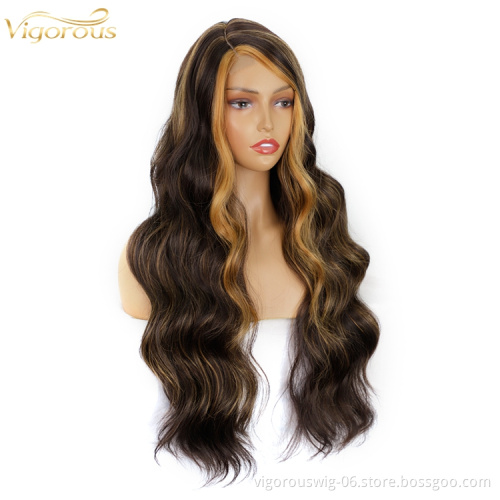 Highlight Blonde High Quality Side Part Synthetic lace Long Wavy Glueless Wig Women Cosplay Heat Resistant Fiber Curly Color Wig
